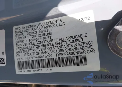 2022 Honda Accord Sport Special Edition from USA, damaged, VIN 1HGCV1F41NA119970